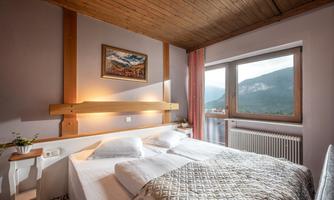 A cozy bedroom with a double bed and a warm wooden ceiling. The window offers a view of the mountains and lets in plenty of natural light.