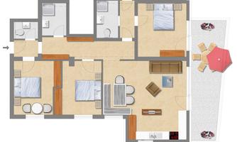 A property floor plan featuring two bedrooms, a living room, and two bathrooms. Outdoor area with a dining area and sun umbrella.