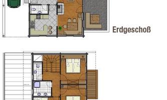 An architectural drawing of a house with a ground floor and an upper floor. The ground floor shows a living area and a kitchen, while bedrooms are arranged in the upper floor.