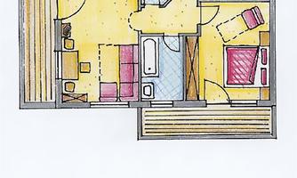 A colorful floor plan drawing of an apartment. The sketch shows the layout with a bedroom, a bathroom, and a living room.