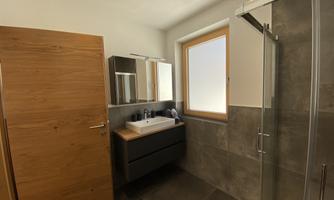 A modern bathroom with a wood and glass shower. The washbasin is equipped with a large mirror, and there is a window for natural light.