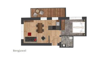 A floor plan of a modern apartment with wooden flooring. The rooms are clearly defined, including a living area, a kitchen, and a bedroom.