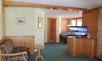 A spacious living room with wood paneling and cozy furniture. A television stands on a wooden cabinet, and plenty of natural light falls through the windows.