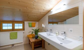 A modern bathroom with a wooden ceiling and large windows. There is a double sink and plants for a cozy atmosphere.
