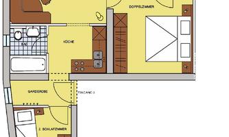 A floor plan sketch of an apartment with several rooms. The apartment includes a living room, a kitchen, two bedrooms, and a bathroom.