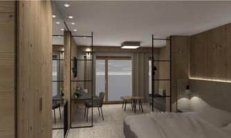 A modern hotel room with wooden decor and minimalist furnishings. The room features a double bed, a workspace, and large windows with a view outside.