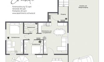 The image shows a floor plan of a holiday apartment with various rooms, including a bedroom, bathroom, and a terrace. Additionally, a parking space and the entrance are marked.