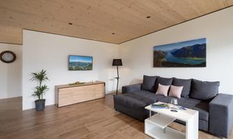 A modern living room with a large sofa, a coffee table, and a sideboard. Pictures of landscapes hang on the wall, and there is a plant in the corner.