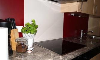 A modern kitchen with a smooth, gray table and a cooktop. On the counter, there is a pot of fresh basil and some glasses.