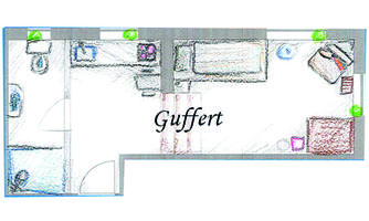 A simple sketch of an apartment with different rooms and furniture. The room is labeled with the name "Guffert".