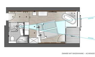 A floor plan of a room with a bathtub and a view of Lake Achensee. The layout shows a shower, a bathtub, and various furniture in the room.