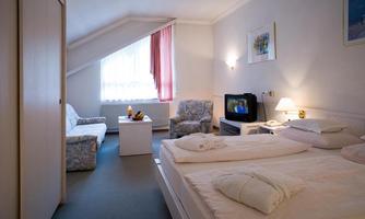 A cozy room with a double bed and a sofa bed. There is a table, a television, and large windows with curtains.