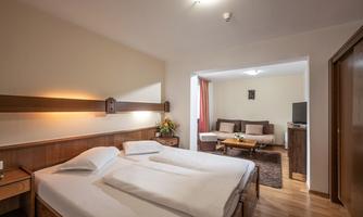 A cozy bedroom with a double bed and warm wooden tones. In the background, there is a living area with a couch and a table.