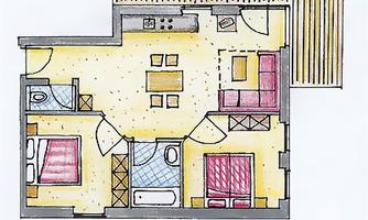 A simple floor plan sketch of an apartment shows two bedrooms, a bathroom, and a living area. The rooms are color-coded and indicated with furniture.