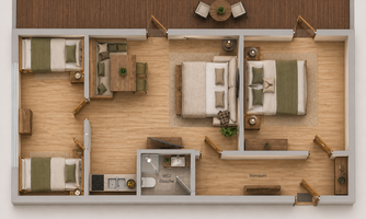 A modern room layout with three bedrooms, a living area, and a kitchen. The furniture is simple and the floor is made of wood.