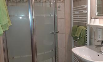 A small bathroom with a shower cabin and a sink. Green towels hang on the wall and there is a towel warmer.