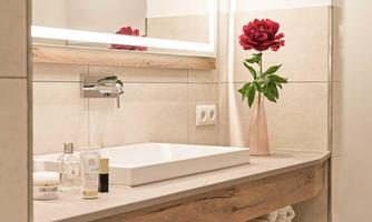 A modern bathroom with a stylish sink and decorative accessories. A red flower in a vase complements the elegant atmosphere.