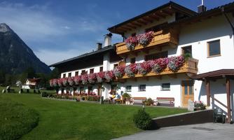 A picturesque building in alpine style, surrounded by green meadows and mountains. The balconies are adorned with colorful flowers.