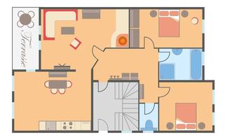 A simple floor plan drawing of an apartment with several rooms. The areas are functionally arranged and include living room, kitchen, bedroom, and terrace.