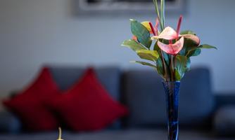 A beautiful fruit bowl with various fruits and a blue vase with flowers. In the background, red cushions can be seen on a sofa.