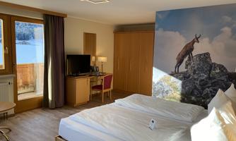 A modern hotel room with a large bed and a desk. On the wall, there is a beautiful picture of a ibex.
