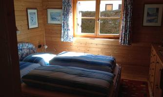 A cozy bedroom with two beds and wooden walls. The window lets in plenty of daylight and shows a green view.