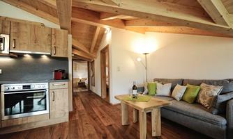 A modern, cozy apartment with wooden ceilings and a living room. The kitchen is well-equipped and the space feels inviting.