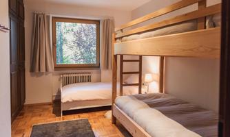 A cozy bedroom with a bunk bed and a single bed. The window offers a view of a green outdoor area.