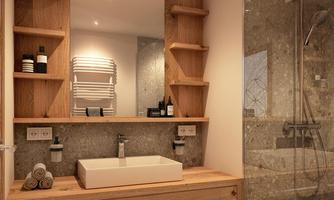 A modern bathroom with a wooden washstand and a large mirror. There is a shower and elegant shelves for toiletries.