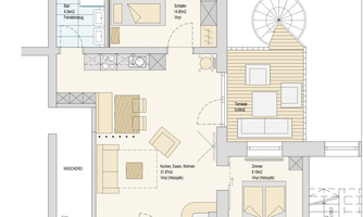 A floor plan of an apartment with different rooms. Included are the bedroom, the bathroom, as well as the living and dining area with access to the terrace.