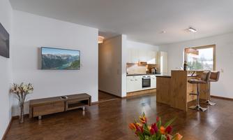 Modern kitchen with open living area and hardwood floor. Bright decor with a nice television and flower arrangement.