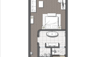 A floor plan of a modern apartment with an open living and dining area. The design includes a bedroom, a bathroom, and a terrace.