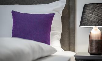 A cozy bedroom with a purple pillow on a bed and a stylish lamp beside the nightstand. The atmosphere is inviting and calm.