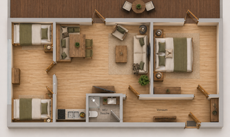 A clear floor plan of a modern apartment with two bedrooms, a living area, and a kitchen. The design is functional and friendly with cozy furniture.