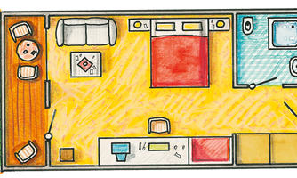 A colorful sketch of a room with furniture. There is a red bed, a table, chairs, and a bathroom.