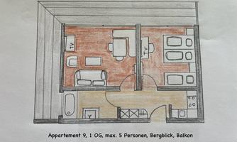 A floor plan of an apartment on the first floor with space for up to five people. The apartment has a balcony and a view of the mountains.