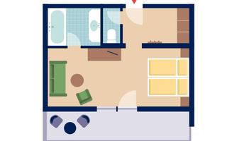 A schematic representation of an apartment with a bathroom, a living room, and a bedroom. The furniture is arranged simply and modernly.