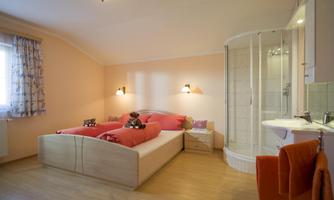 A cozy bedroom with a large bed and pink bedding. In the background, there is a shower cabin and some windows provide natural light.