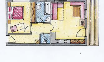 A colored floor plan drawing of an apartment. It shows different rooms such as the bedroom, bathroom, and kitchen.