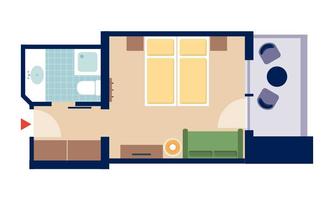 A schematic representation of an apartment with two bedrooms, a living room, and a bathroom. The furniture is simply and modernly designed.