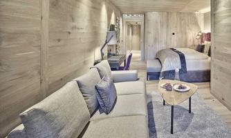 A modern room with wooden paneling, a cozy sofa, and an elegant bedroom. The room radiates a warm and inviting atmosphere.