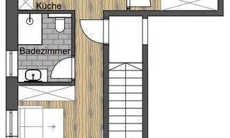 A floor plan sketch of an apartment with kitchen, bathroom, living room, and bedroom. The balcony is also included.