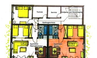 An overview of the house floor plan with different rooms. The layout includes living areas, bedrooms, and a central entrance.