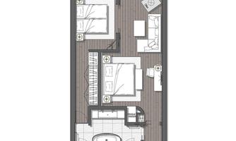 A floor plan of an apartment with two bedrooms, a living room, and a bathroom. The balcony is also outlined.