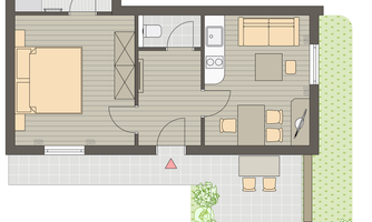 A floor plan of a small house with a living room, dining area, kitchen, and bathroom. Outside there is a garden with furniture.