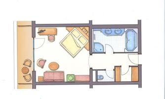 A floor plan drawing of an apartment with one bedroom, bathroom, and living area. The furniture is represented schematically.