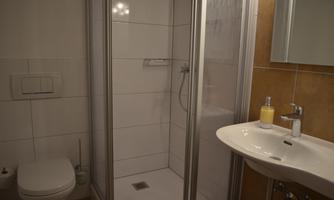 A modern bathroom with a shower, sink, and toilet. The walls are light tiled, and there is a pleasant atmosphere.