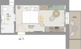 An apartment with one bedroom, a living room, and a bathroom. There is also a small balcony with furniture.
