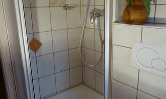 A bright shower with smooth tiles and a bouquet of flowers on the shelf. The room is clean and well-designed.