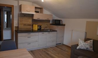 A modern kitchen unit with wooden cabinets and appliances. Next to it is a cozy living room with a sofa and a table.
